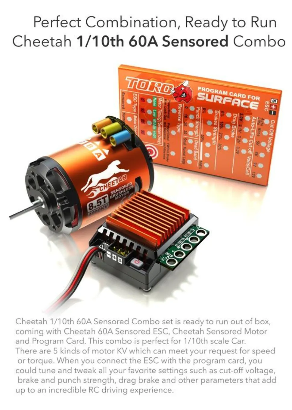 Combo Cheetah 10 Controleur S60A + Moteur 1600KV - 21.5T 2P Brushless - SkyRc