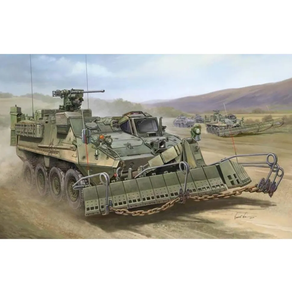 Maquette véhicule militaire : M1132 Stryker Engineer Squad Vehicle w / SMP-Surface Mine Plough / AMP - Trumpeter