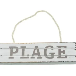 Pancarte bois Plage à suspendre blanc/taupe en bois 15cm - RueDeLaFete