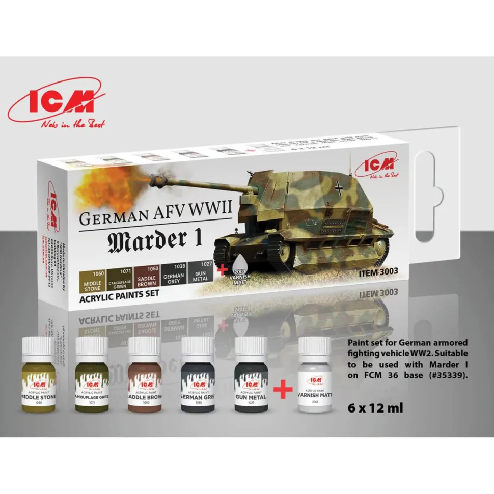 Peintures acryliques pour maquette AFV allemand WW2 (Marder I) - 6 x 12 ml - ICM