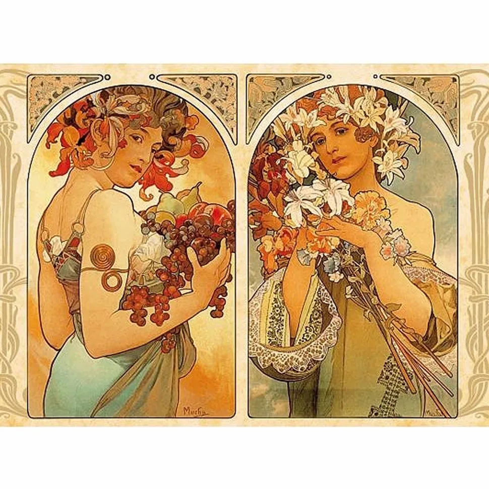 Puzzle 1000 pièces - Alphonse Mucha : Dyptique fruit et fleur - DToys
