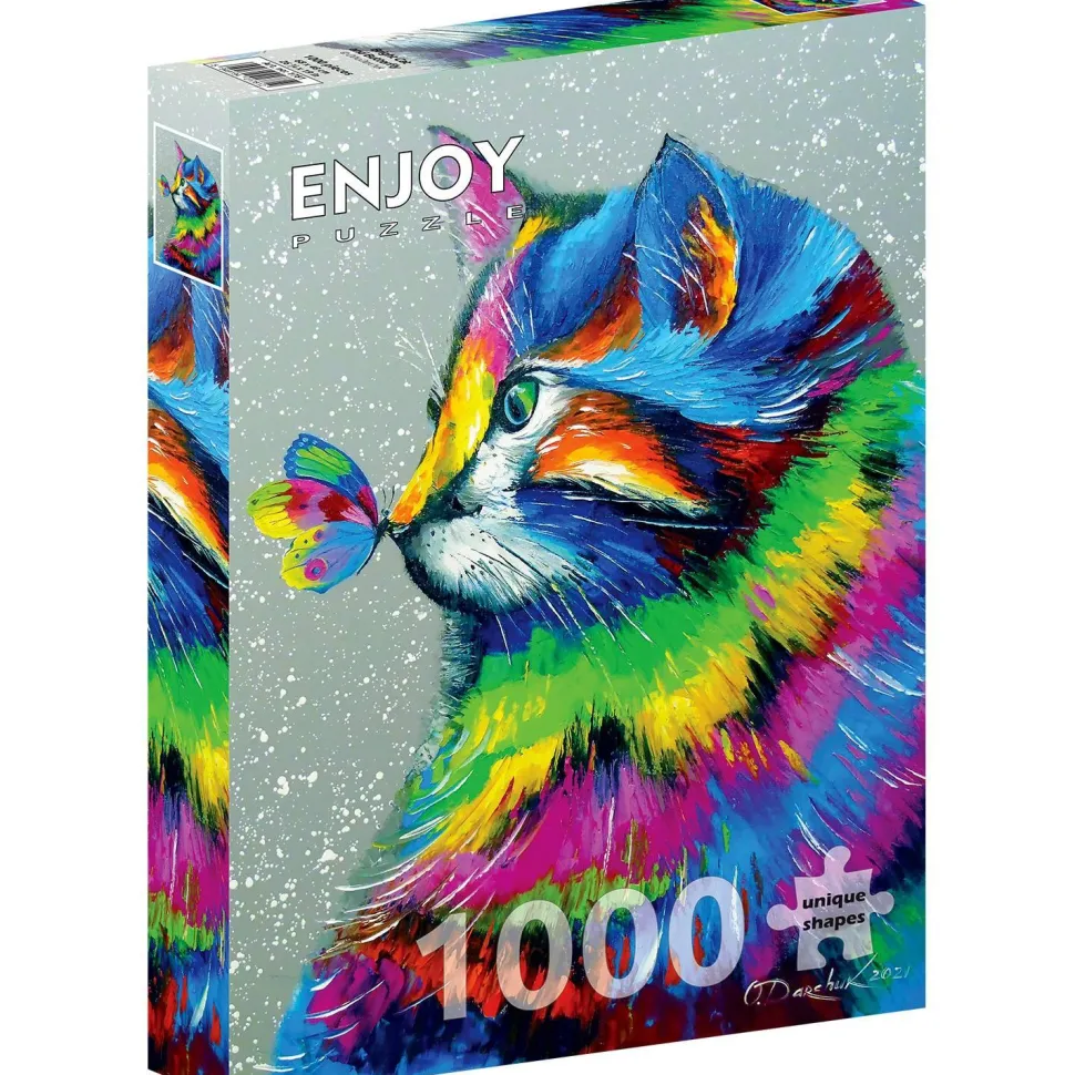 Puzzle 1000 Pièces : Chat brillant et Papillon - EnjoyPuzzle