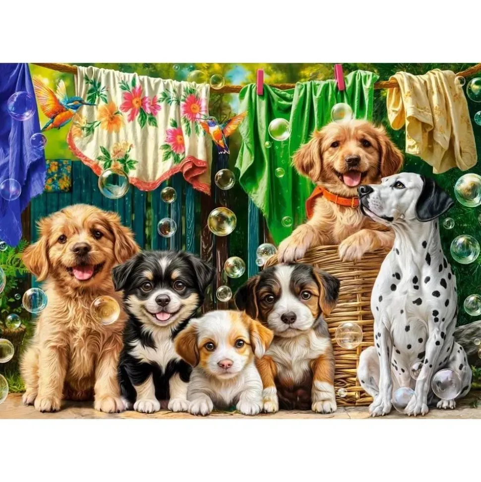 Puzzle 500 pièces : Chiots, lessive et pitreries d'oiseaux - Castorland