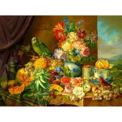 Puzzle 1000 Pièces : Josef Schuster - Nature morte avec des fleurs fruitées et un Perroquet - EnjoyPuzzle