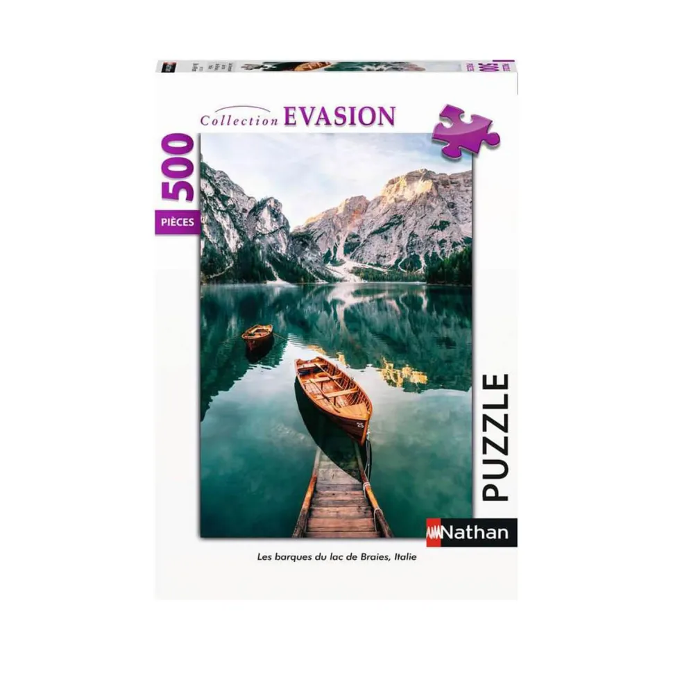 Puzzle 500 pièces : Les barques du lac de Braies, Italie - Nathan