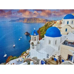 Puzzle 1000 pièces : Vue de Santorin avec bateaux, Grèce - EnjoyPuzzle