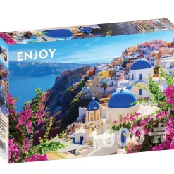 Puzzle 1000 pièces : Vue de Santorin avec fleurs, Grèce - EnjoyPuzzle