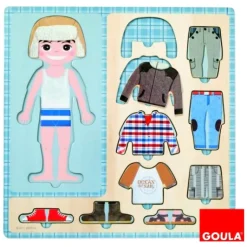 Puzzle 10 pièces en bois : Petit garçon s'habille - Goula