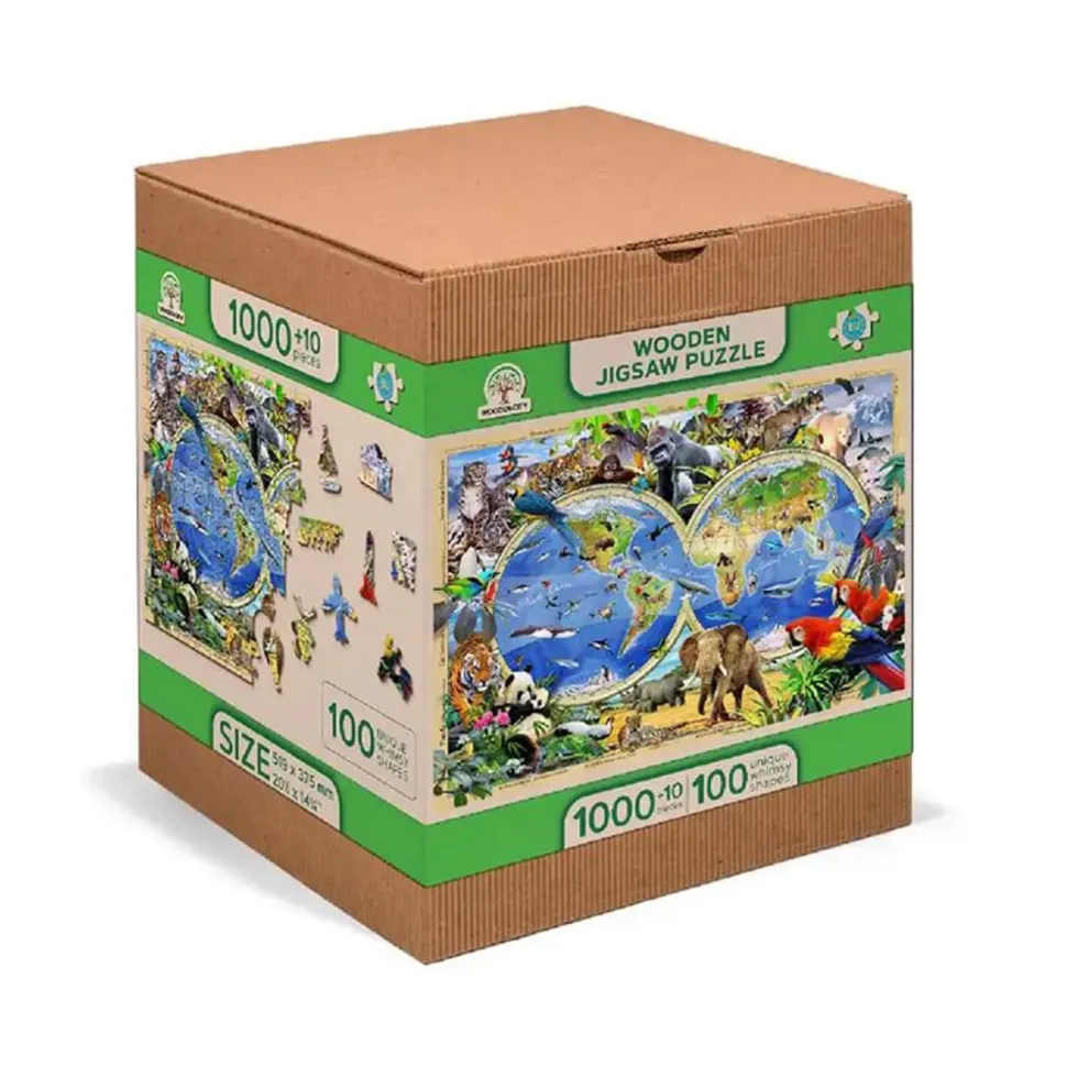 Puzzle 1010 pièces/100 formes en bois : Carte du règne animal - Wooden City