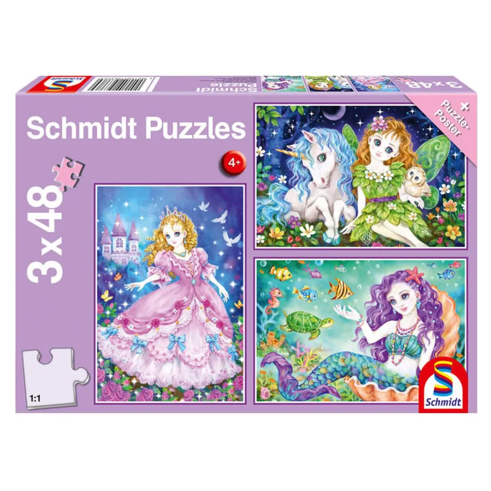 Puzzle 3 x 48 pièces : Princesse, fée et sirène - Schmidt