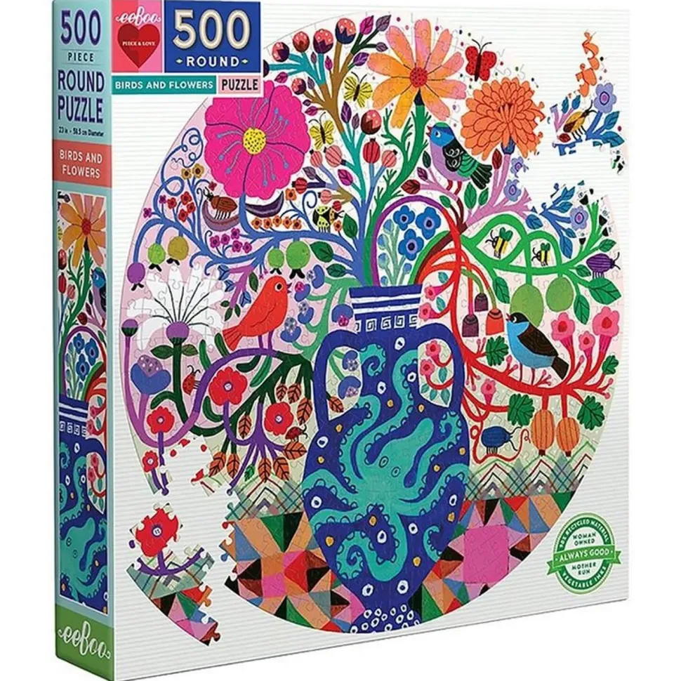 Puzzle Rond 500 Pièces : Oiseaux et fleurs - Eeboo