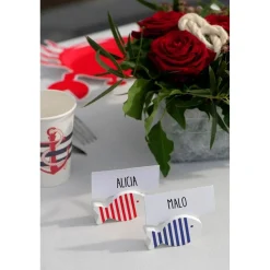 Sachet de 4 Marque-places Poisson en bois rayés bleu/rouge - RueDeLaFete
