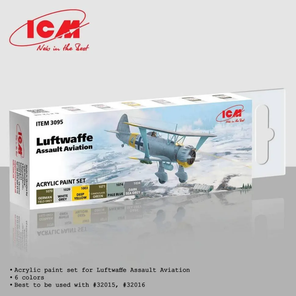 Set 6 peintures acrylique : Avion Luftwaffe HS 123A-1 WWII - ICM